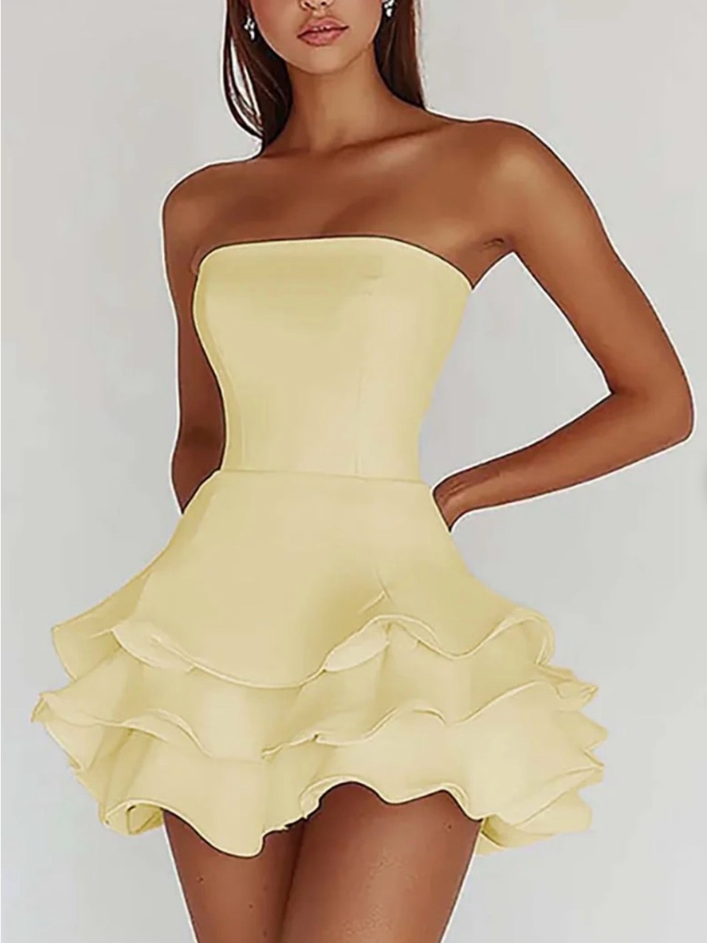 Unk Strapless Ruffle Mini Dress in Pale Yellow